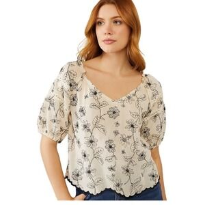 Floral Embroidered L Top Off White Brown Puff‎ Sleeve Cottagecore Blouse